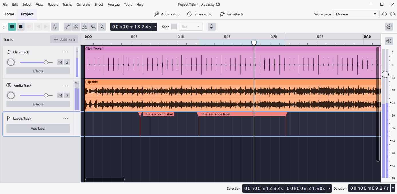 Audacity 4.0 с несколькими аудиодорожками и клипами