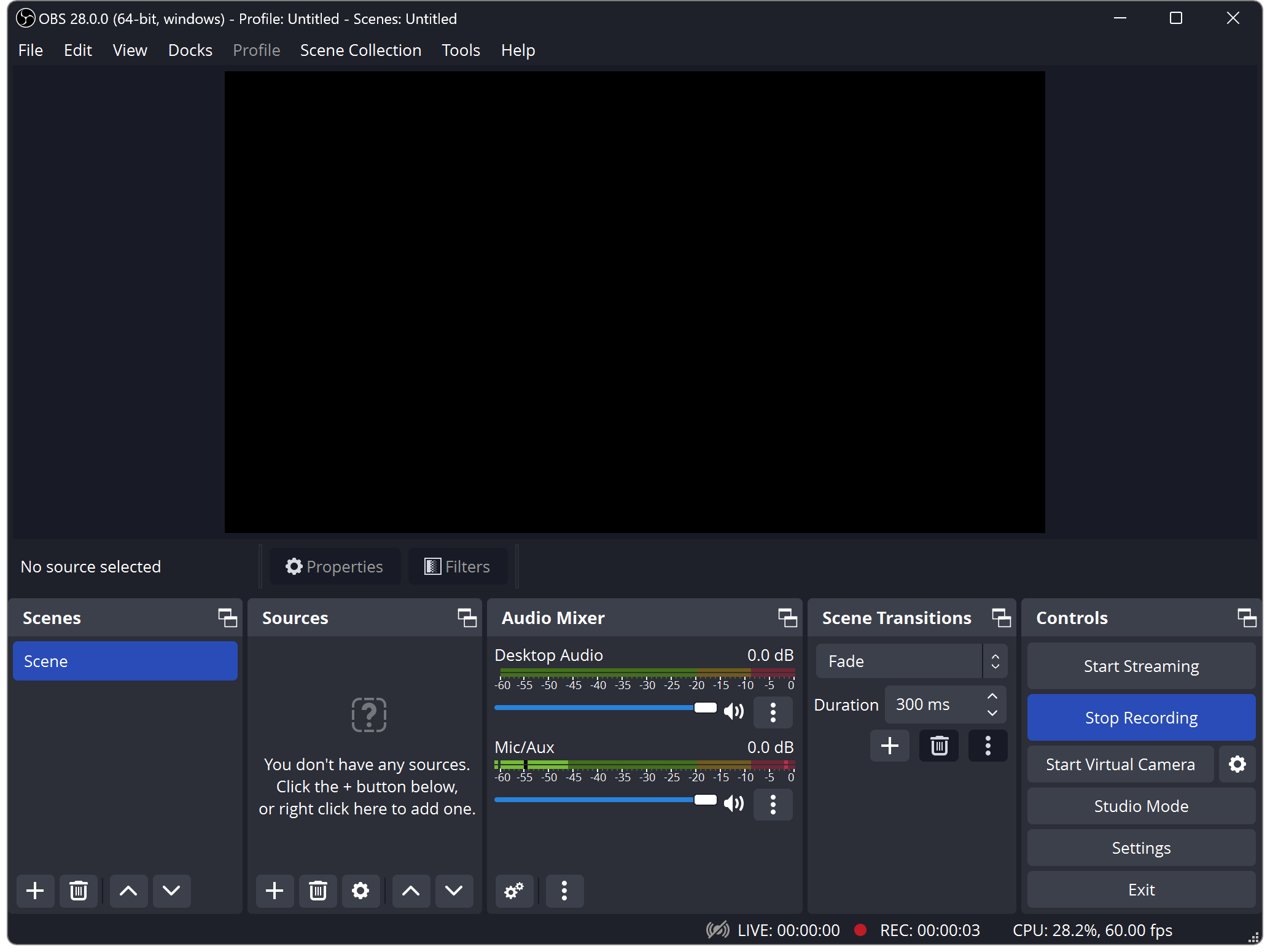 Главное окно OBS Studio со сценами, источниками и аудиомикшером