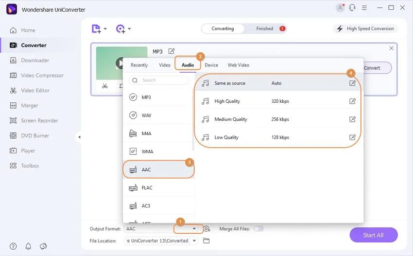 Выбор AAC в списке аудиоформатов Wondershare UniConverter
