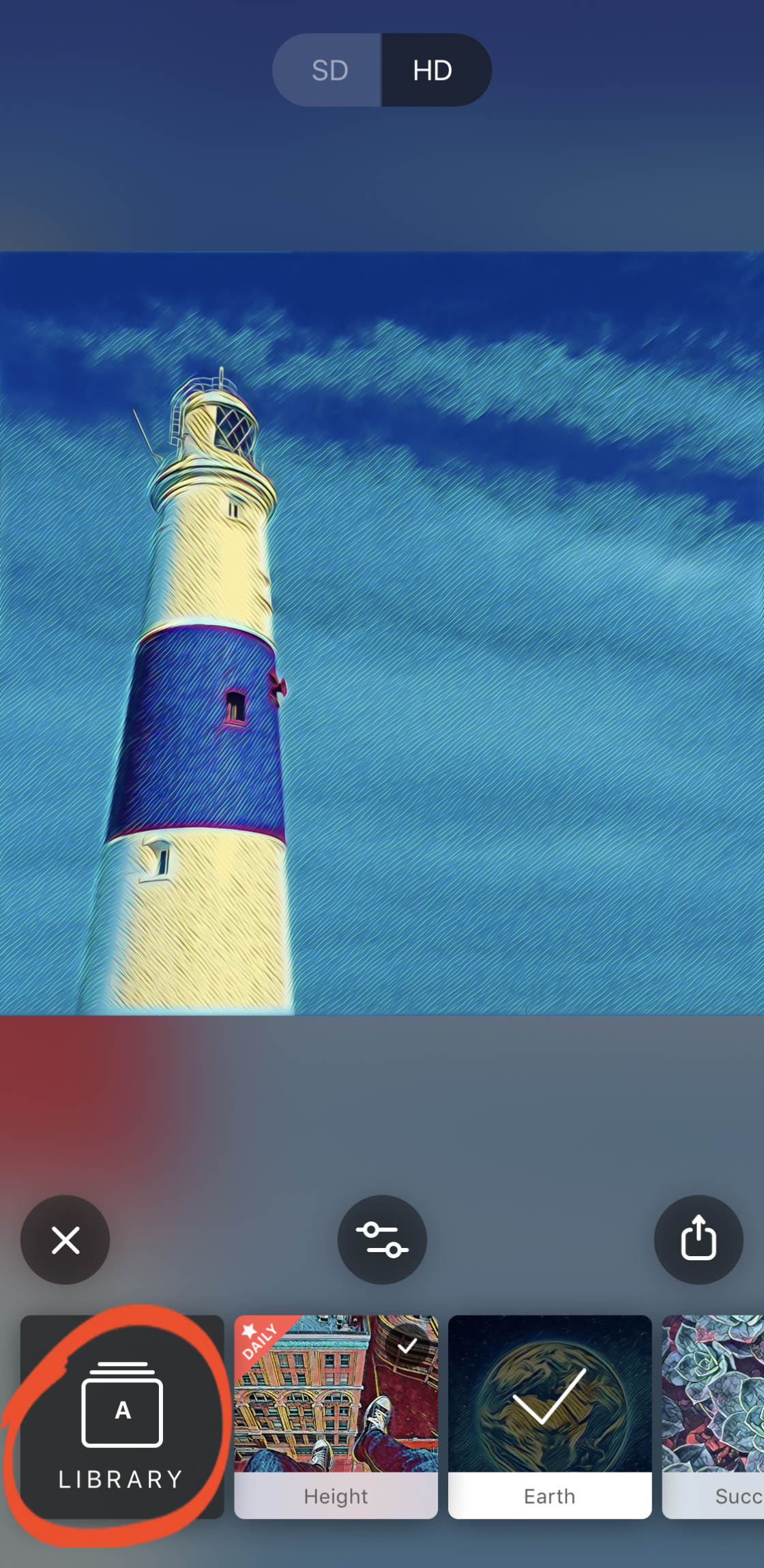 Интерфейс Prisma с фотографией, преобразованной художественным фильтром