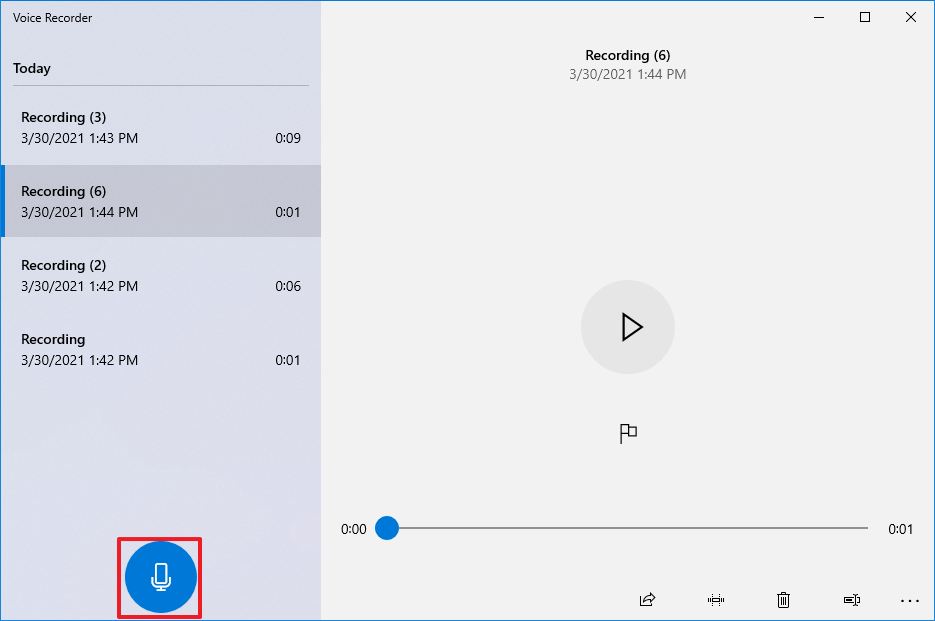 Интерфейс Voice Recorder в Windows 10 с кнопкой начала записи