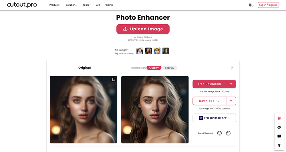 Интерфейс Cutout.Pro Photo Enhancer с загрузкой и сравнением изображения