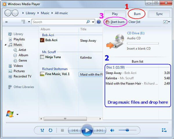 Windows Media Player с открытой вкладкой Burn, списком дорожек и кнопкой Start burn