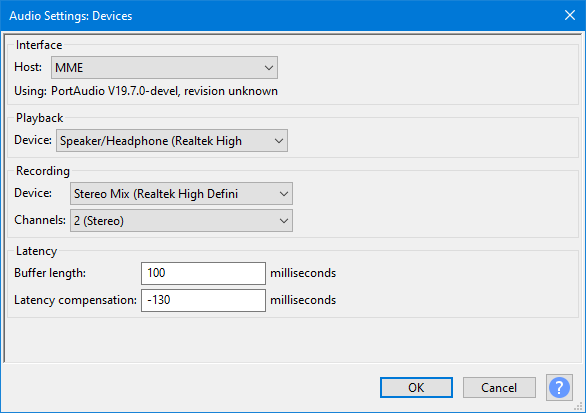 Настройки Audacity с выбором Stereo Mix как устройства записи