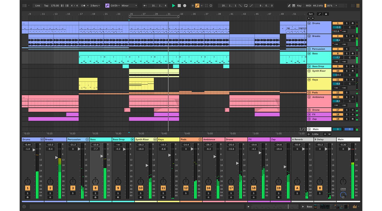 Интерфейс Ableton Live 12 с клипами, дорожками и браузером