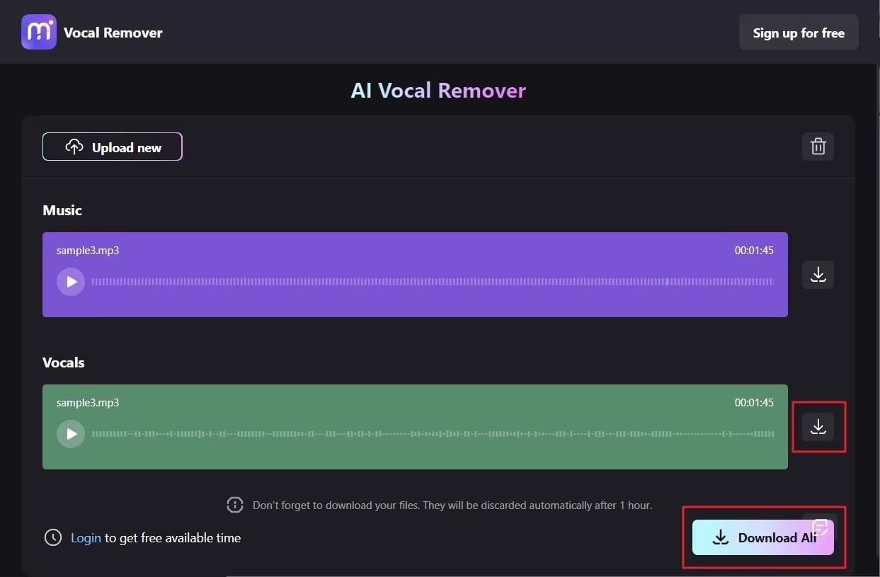 Интерфейс Media.io AI Vocal Remover с музыкальной и вокальной дорожками