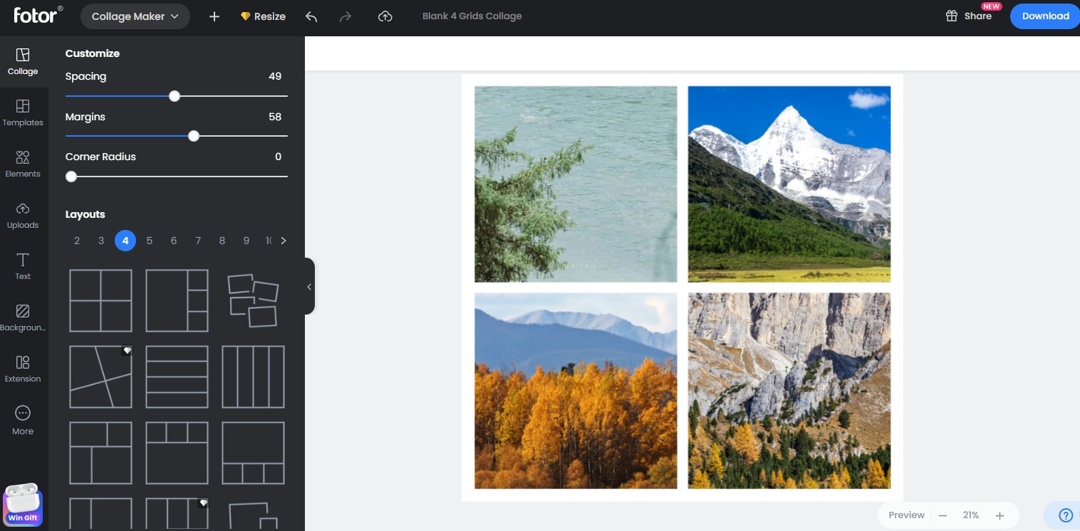 Интерфейс Fotor Collage Maker с сеткой из нескольких фотографий