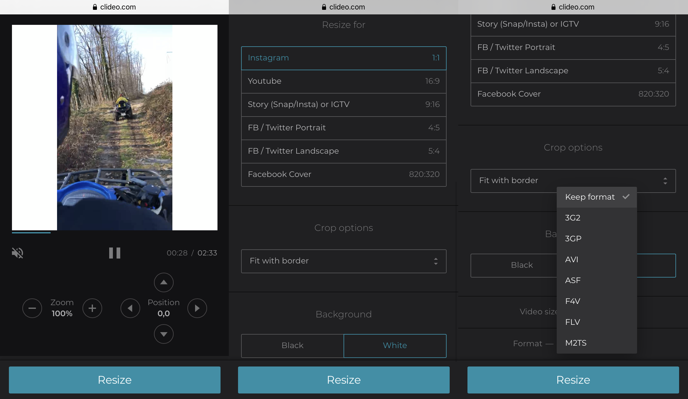 Интерфейс Clideo Video Resizer с пресетами и настройкой кадрирования