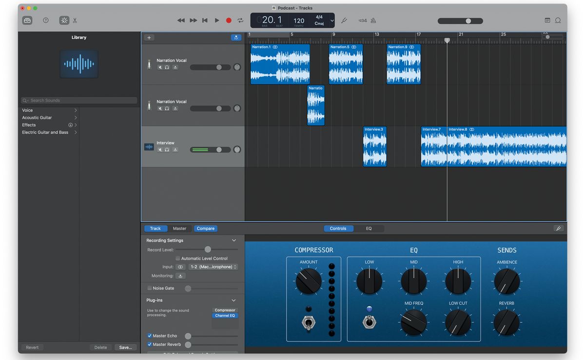 Проект подкаста в GarageBand с голосовыми дорожками
