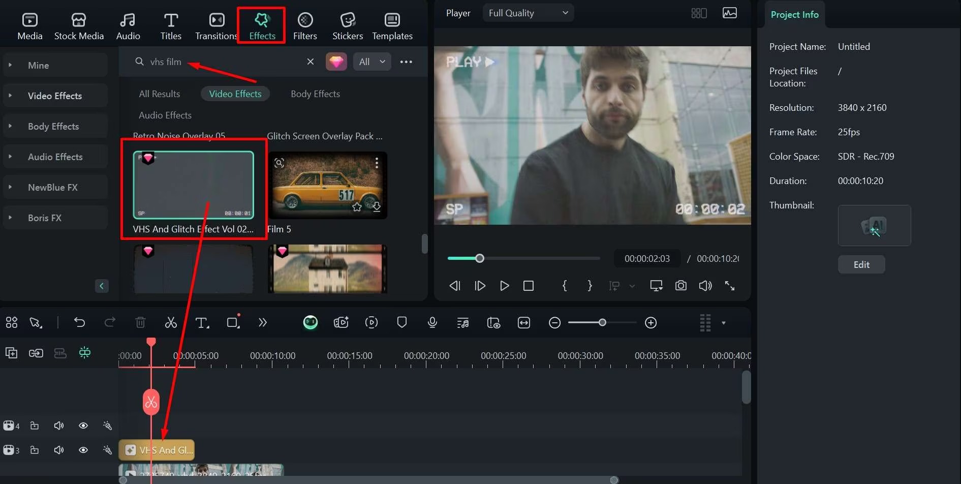 Поиск VHS Film во вкладке Effects Wondershare Filmora