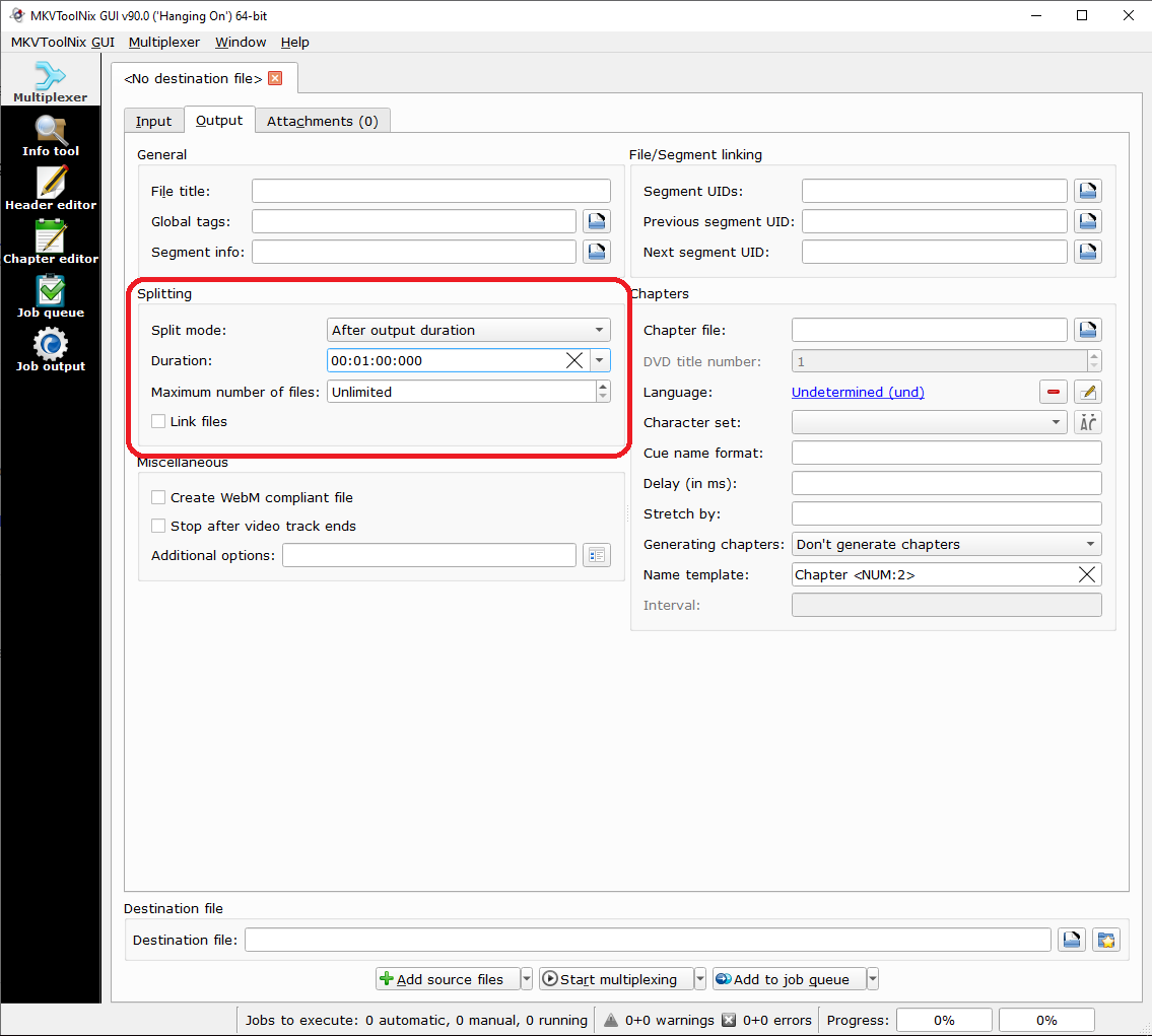 Вкладка Output в MKVToolNix GUI с разделом Splitting
