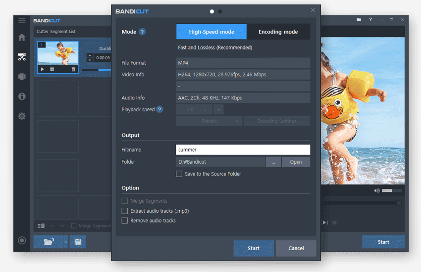 Окно Bandicut с выбором High-Speed mode и Encoding mode