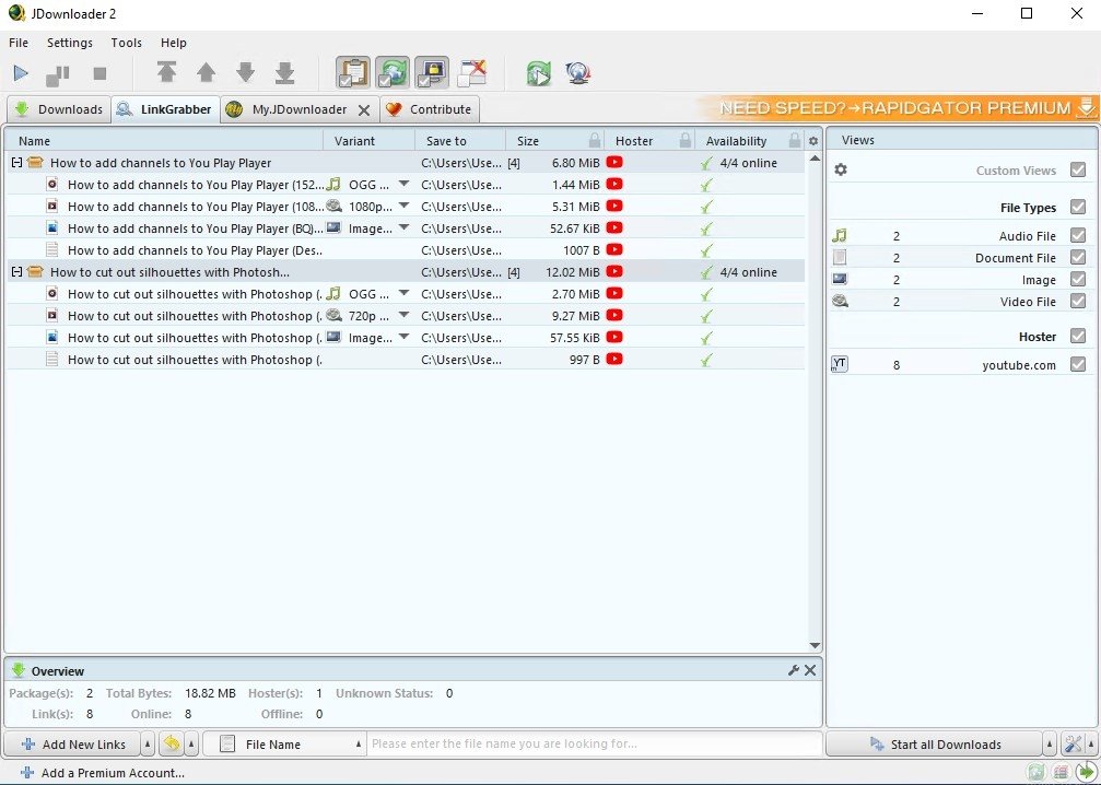 Интерфейс JDownloader 2 с открытой вкладкой LinkGrabber и найденными медиафайлами