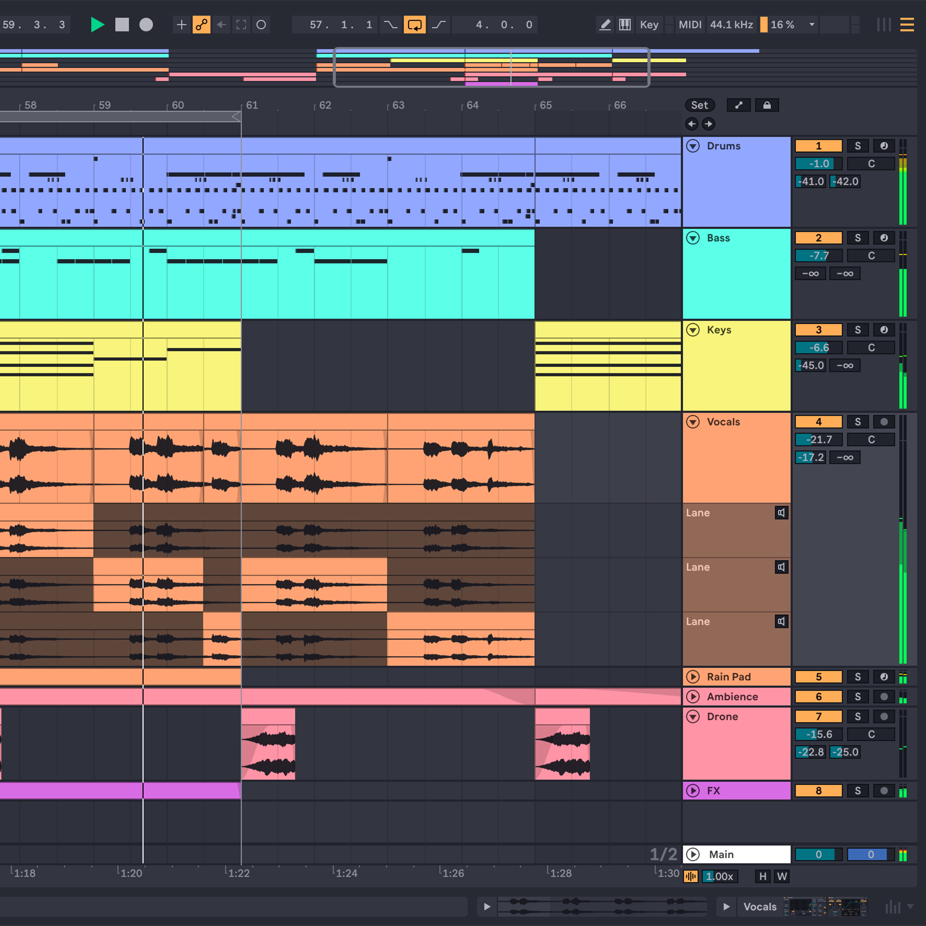 Arrangement View Ableton Live с MIDI и аудиодорожками