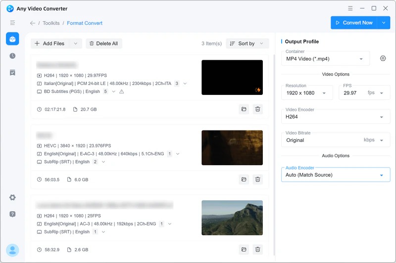 Окно Any Video Converter Format Convert с Output Profile, Container, FPS и Video Encoder