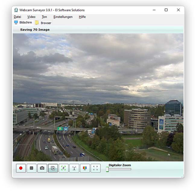 Главное окно Webcam Surveyor с предпросмотром камеры и панелью управления записью