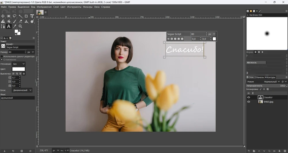 Интерфейс GIMP с активным инструментом текста и параметрами шрифта
