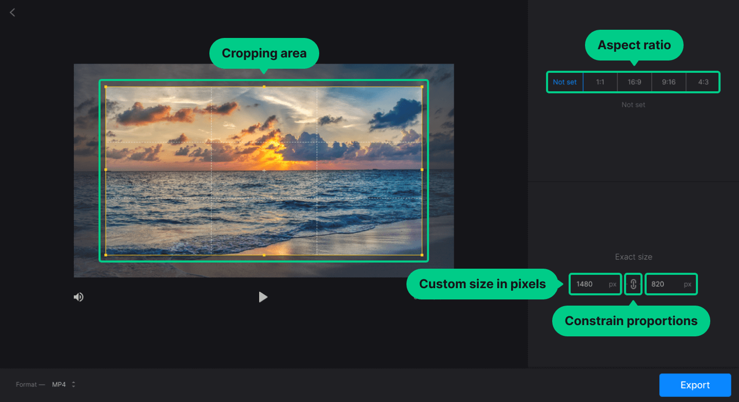 Интерфейс Clideo Crop Video с рамкой кадрирования, пресетами пропорций и полями точного размера