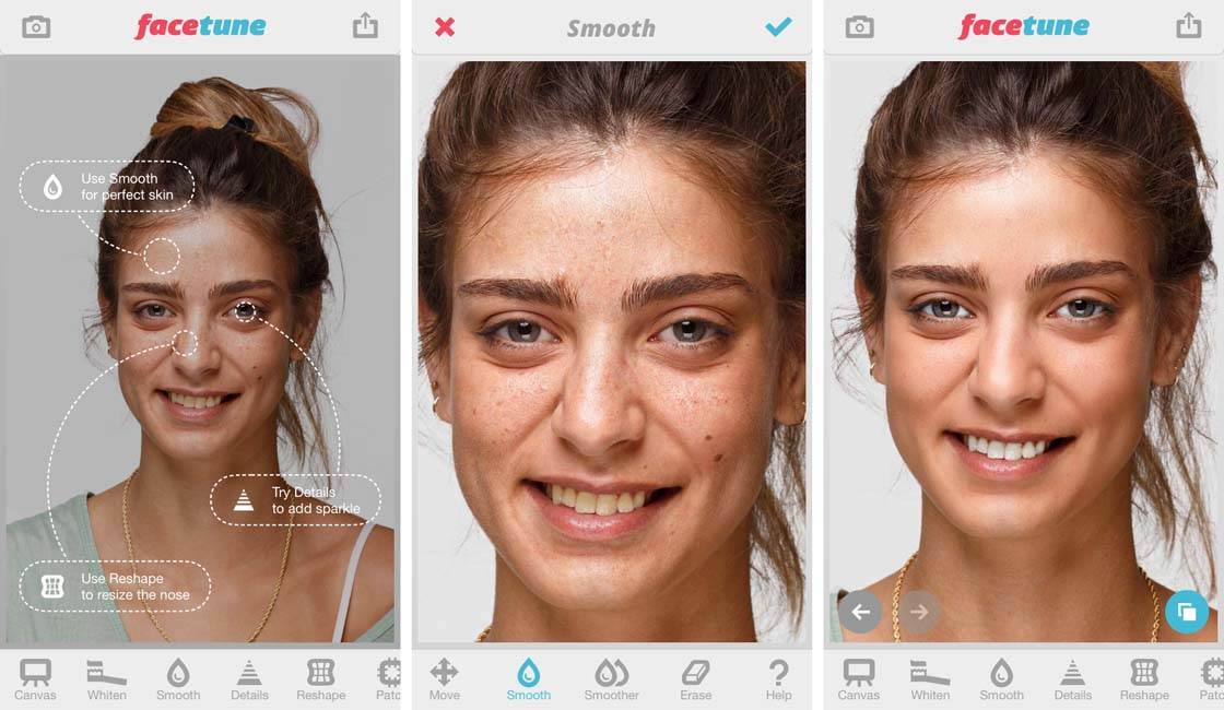 Интерфейс Facetune с инструментом сглаживания кожи