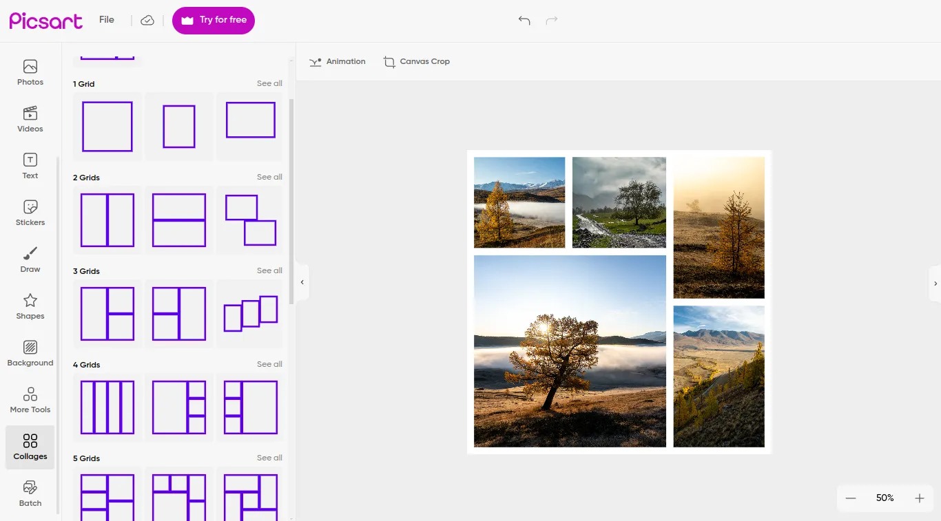 Веб-интерфейс Picsart с режимом Collage и перетаскиванием фотографий в сетку