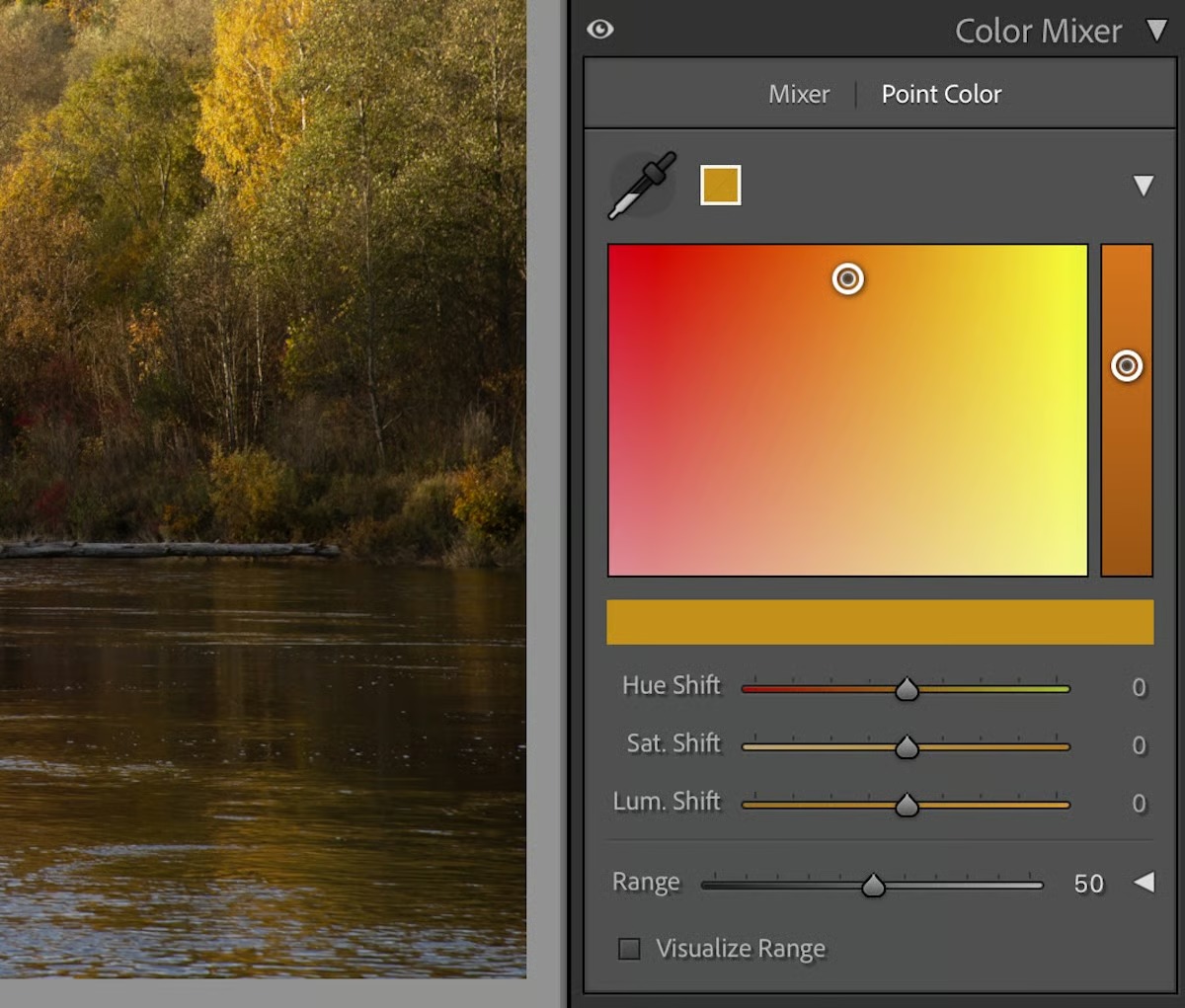 Point Color в Lightroom Classic с настройками диапазона
