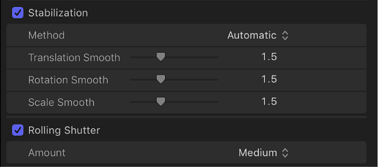 Панель Stabilization в Final Cut Pro с настройками Translation, Rotation и Scale