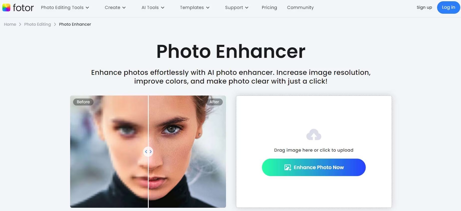 Интерфейс Fotor AI Photo Enhancer с фотографией и панелью улучшения