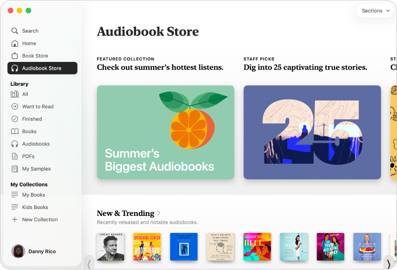 Окно Apple Books на Mac с разделом аудиокниг