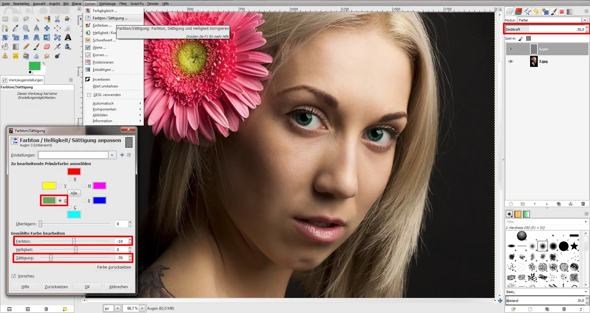 Интерфейс GIMP с изменённым цветом глаз на портрете