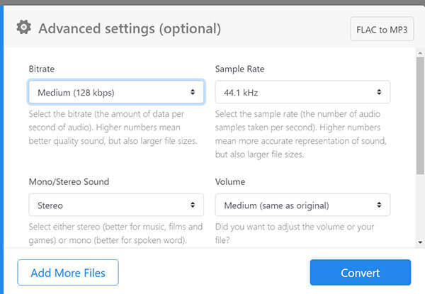 Панель Advanced settings Zamzar с настройками битрейта, частоты дискретизации и stereo