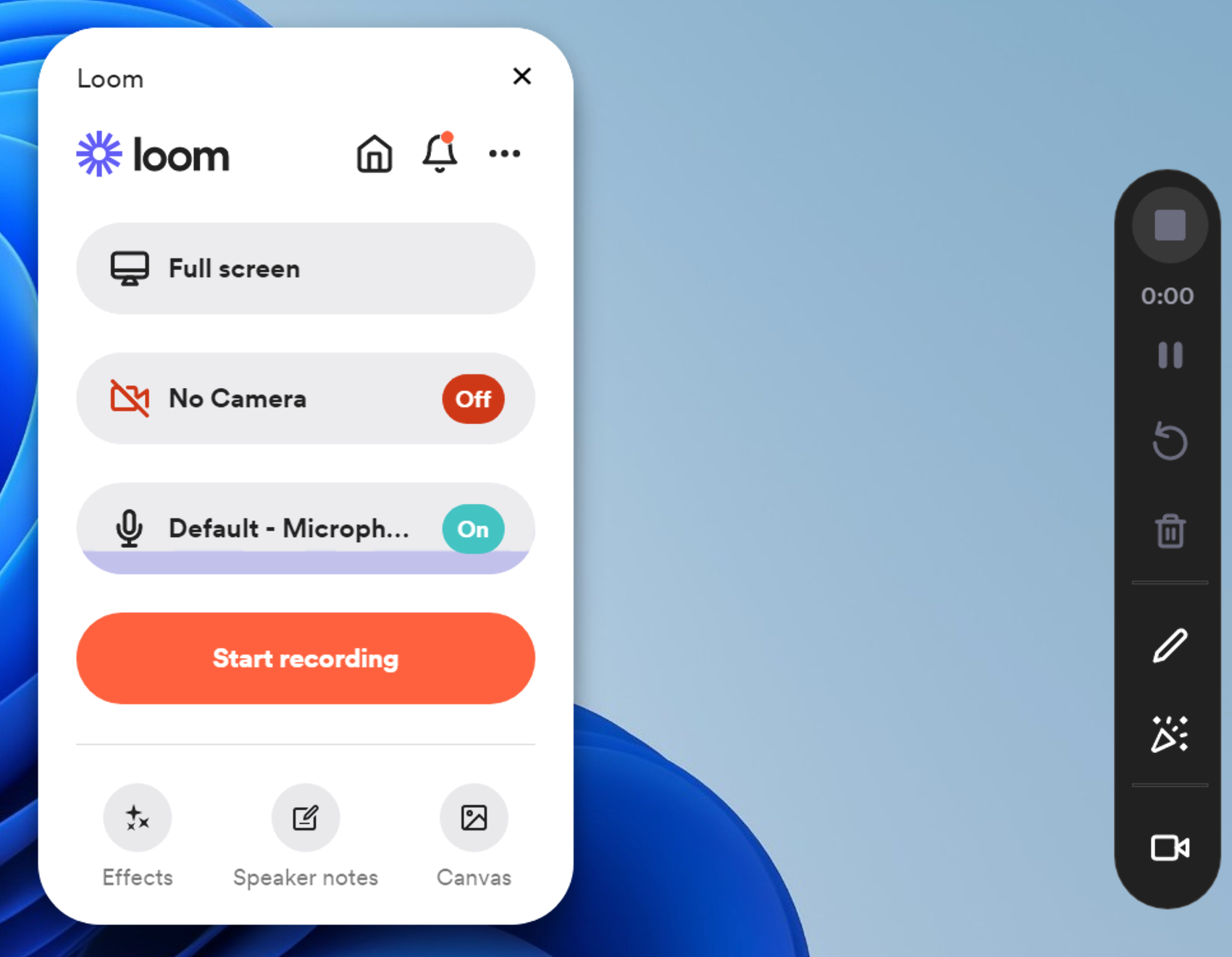 Окно Loom Desktop с выбором области экрана, камеры, микрофона и кнопкой начала записи