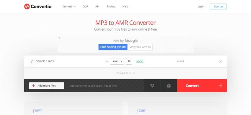 Интерфейс Convertio при выборе AMR для преобразования аудиофайла