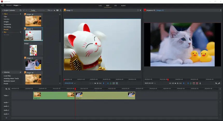 Интерфейс Lightworks с двумя окнами просмотра, медиатекой и монтажным таймлайном