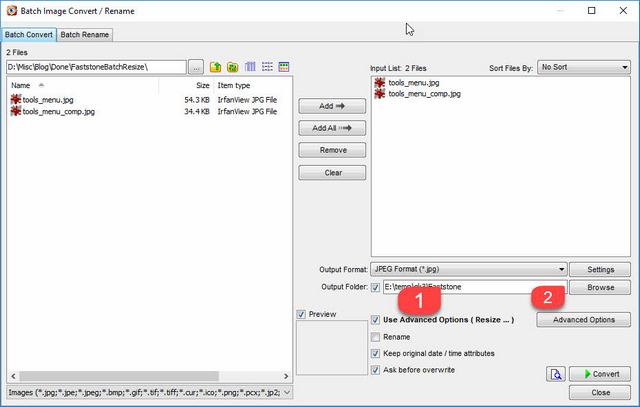 Диалог Batch Image Convert Rename в FastStone Image Viewer с форматом JPEG и папкой вывода