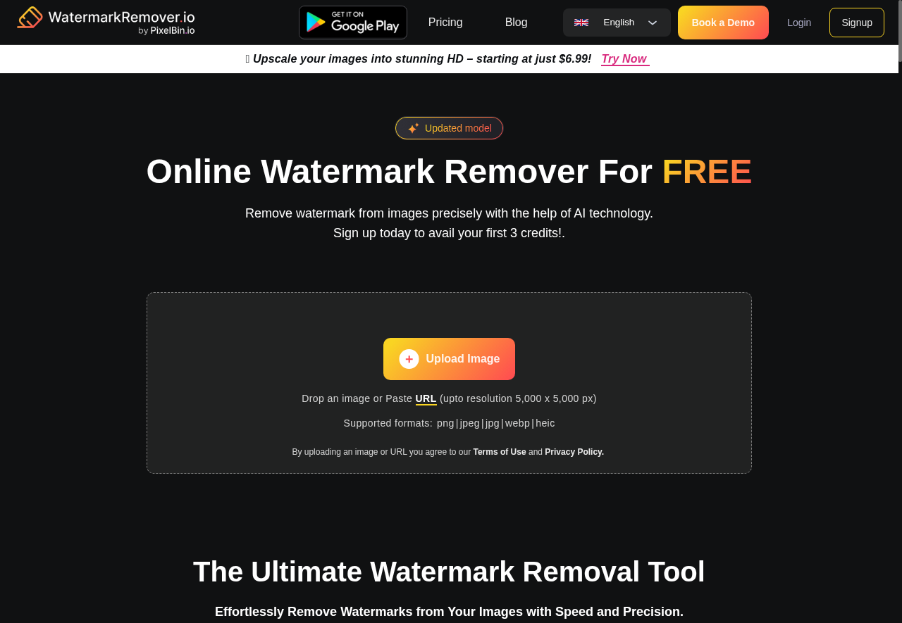 Интерфейс WatermarkRemover.io с областью загрузки изображения