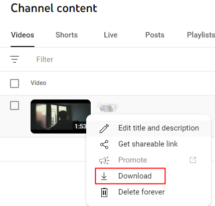 Меню YouTube Studio с командой Download для собственного видео