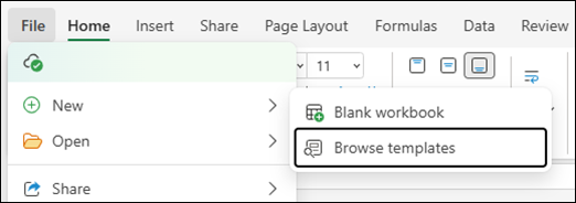 Команда Browse templates в Excel для Интернета
