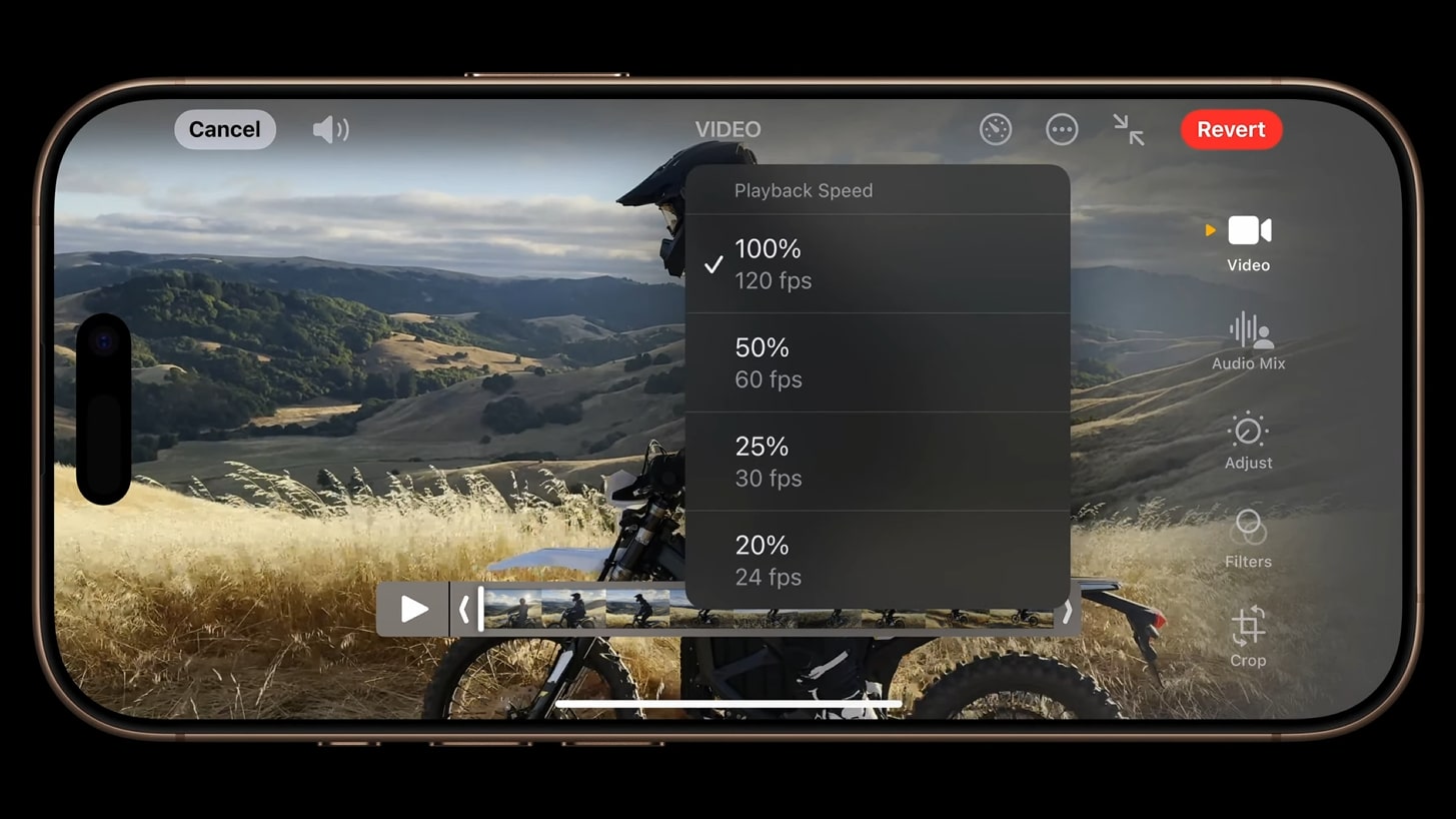 Меню Playback Speed в редакторе видео приложения Фото на iPhone