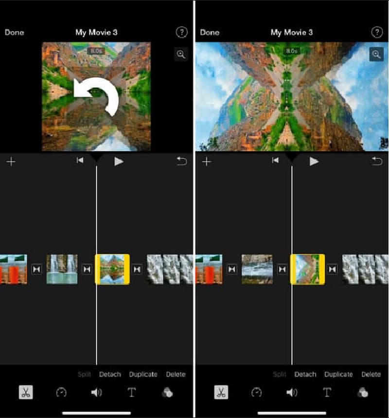 Поворот видеоклипа в iMovie на iPhone жестом двумя пальцами