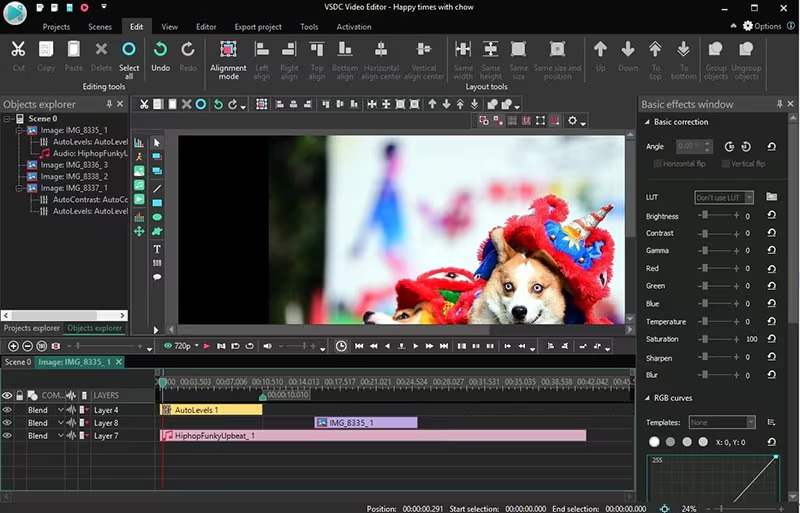 Интерфейс VSDC Free Video Editor с объектами, окном предпросмотра, эффектами и таймлайном
