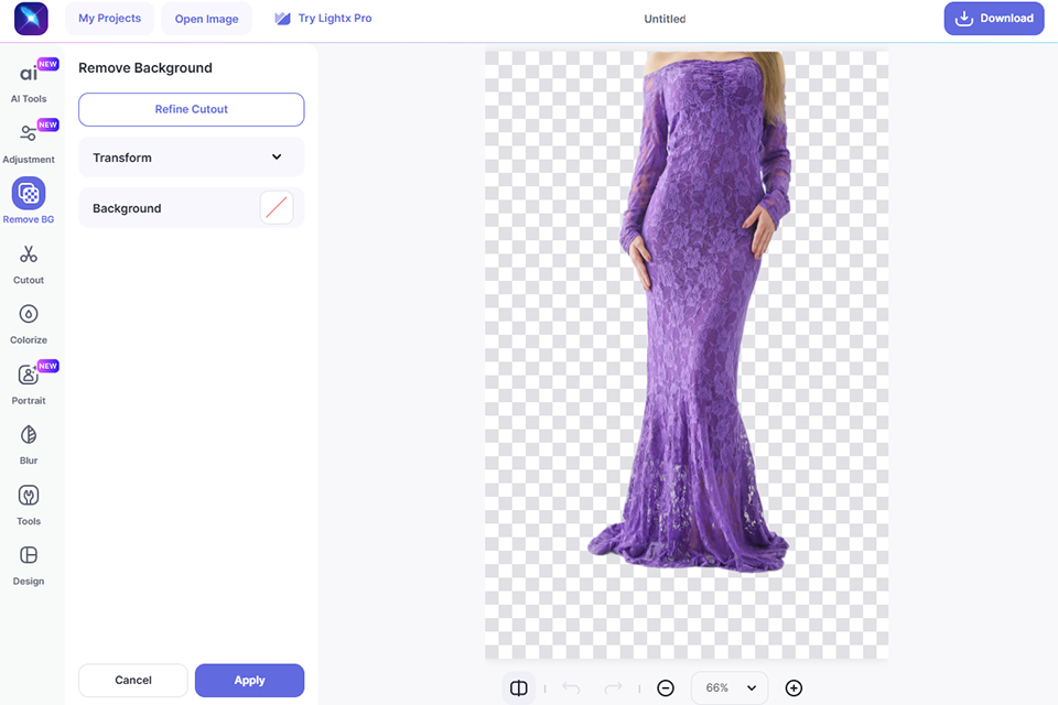 Интерфейс LightX Remove Background с прозрачным фоном и кнопкой Refine Cutout