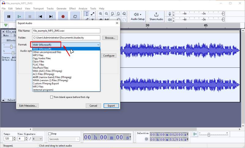 Audacity с окном Export Audio и выбором M4A AAC через FFmpeg