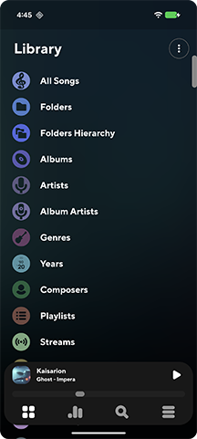Библиотека Poweramp на Android со списками песен, папок, альбомов, исполнителей и плейлистов