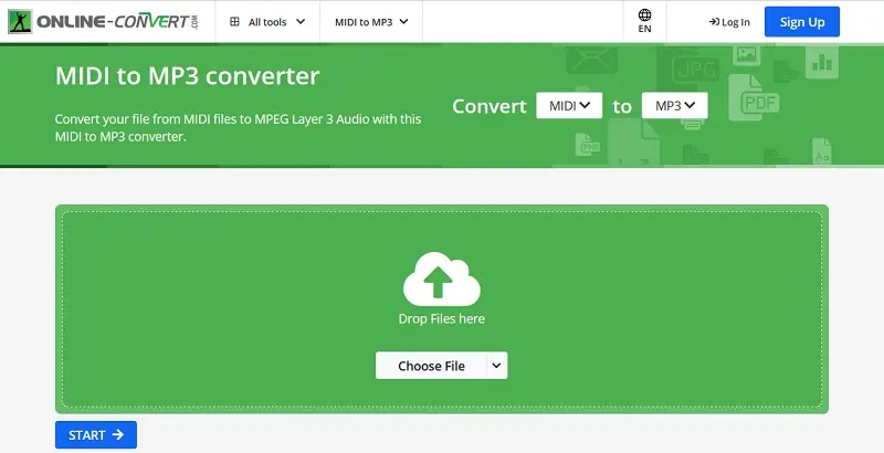Интерфейс Online-Convert.com для преобразования MIDI в MP3