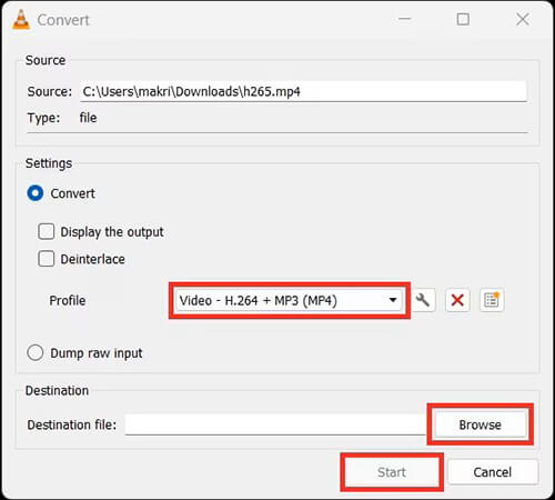 Окно Convert в VLC с профилем Video H.264 MP3 MP4