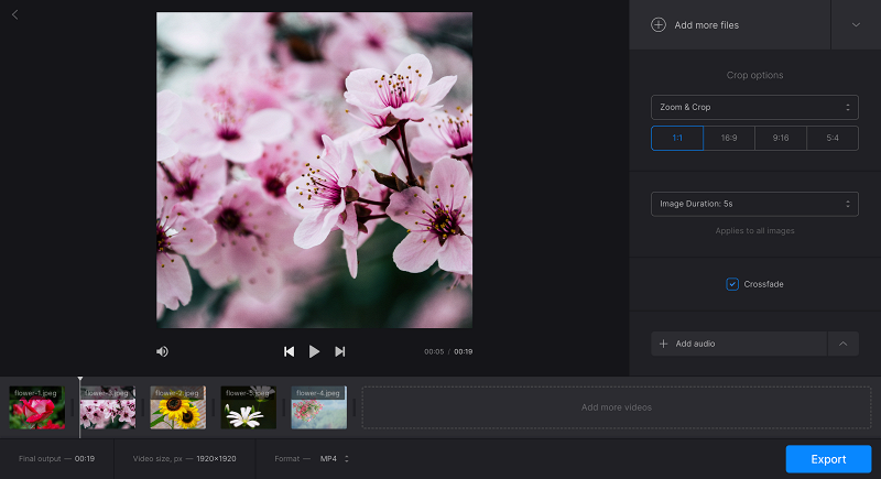 Интерфейс Clideo Slideshow Maker с предпросмотром, лентой файлов и параметрами длительности