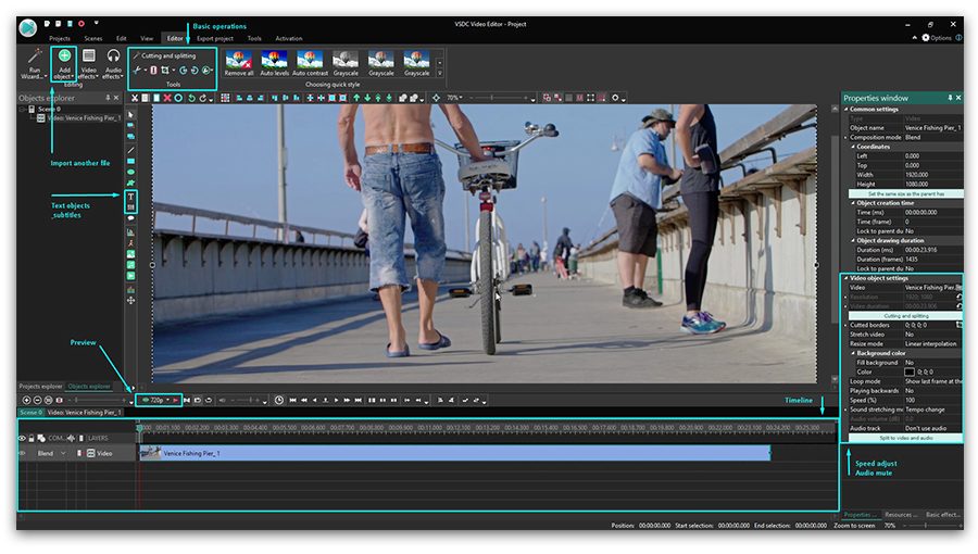 VSDC Free Video Editor с MP4 в окне просмотра и на монтажной шкале