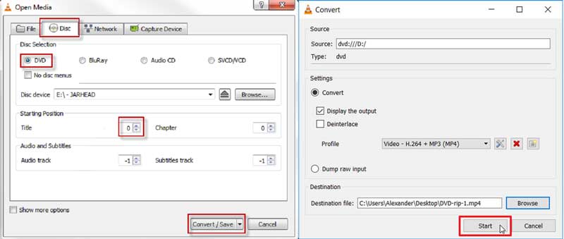 Окна VLC Open Media и Convert с выбранным DVD и профилем H.264 MP4