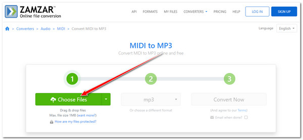 Интерфейс Zamzar для конвертации MIDI в MP3 с кнопкой Choose Files