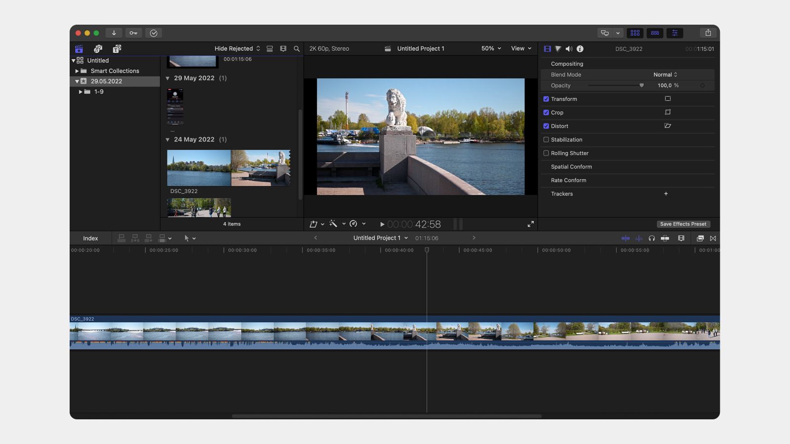 Интерфейс Final Cut Pro с браузером медиатеки, Viewer и Magnetic Timeline